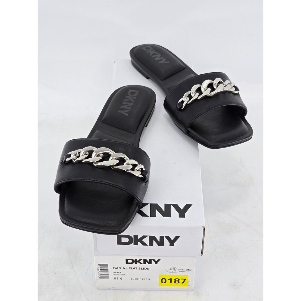 DKNY Dania Flat Slide Womens Size 6 Black Silver Chain Sandals - Excellent